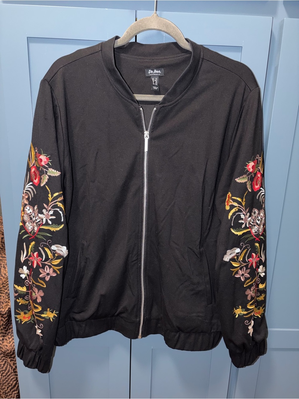Du Jour QVC Black Embroidered Bomber Jacket 1X